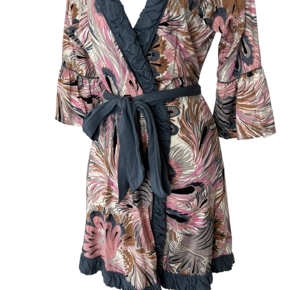 Women's Printed Short Robe with Ruffle Trim - Pink Multi - Picture 11 of 15